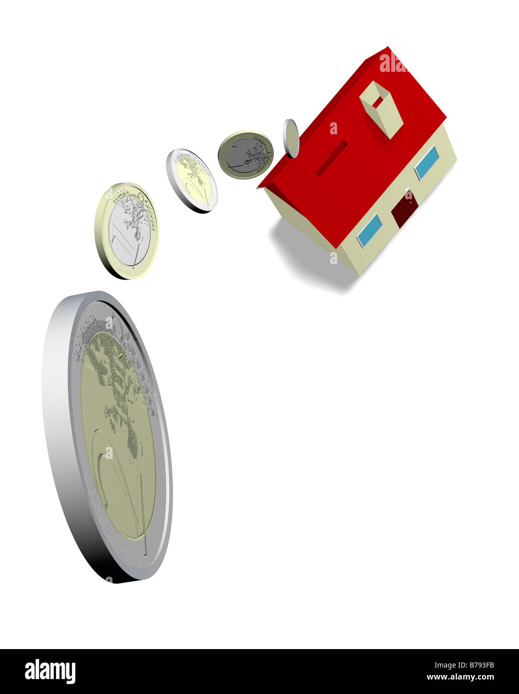 Modell eines kleinen Hauses als eine Spardose mit Euro-Münzen - 3d Cgi Rendern Stockfoto