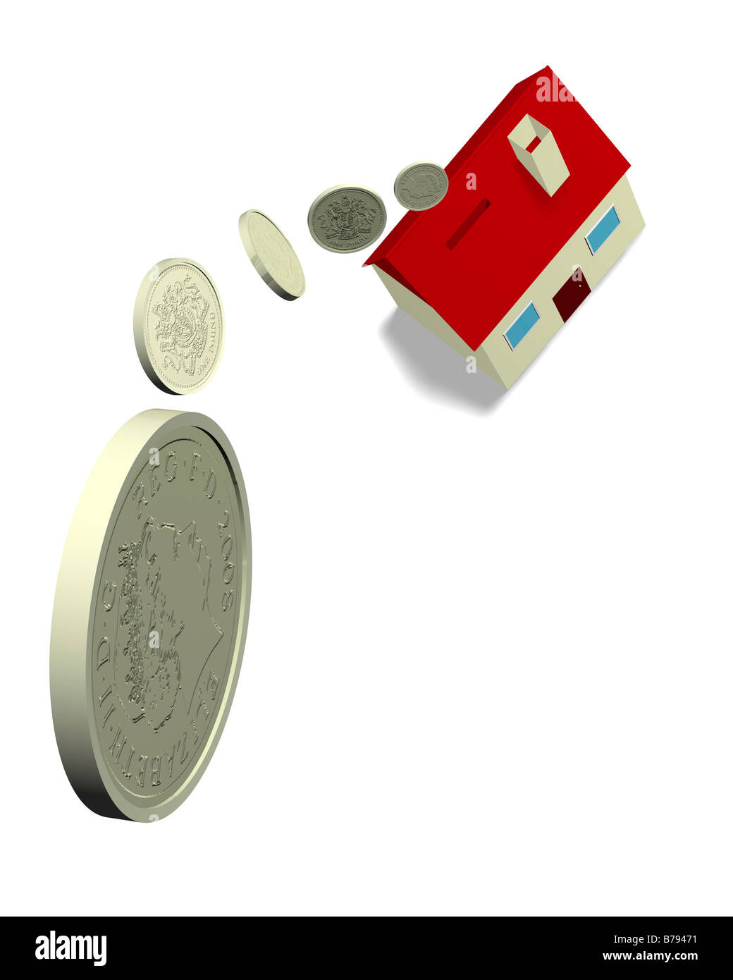Modell eines Hauses als eine Spardose mit Pfund-Münzen Sterling - 3d Cgi Rendern Stockfoto