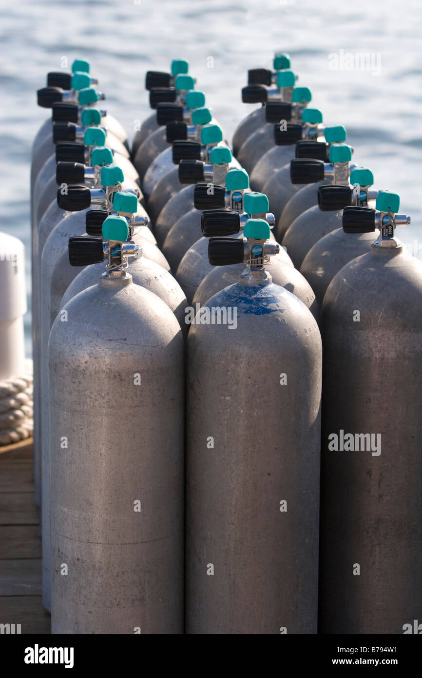 Reihen von Tauchflaschen stehen bereit für Taucher. Stockfoto