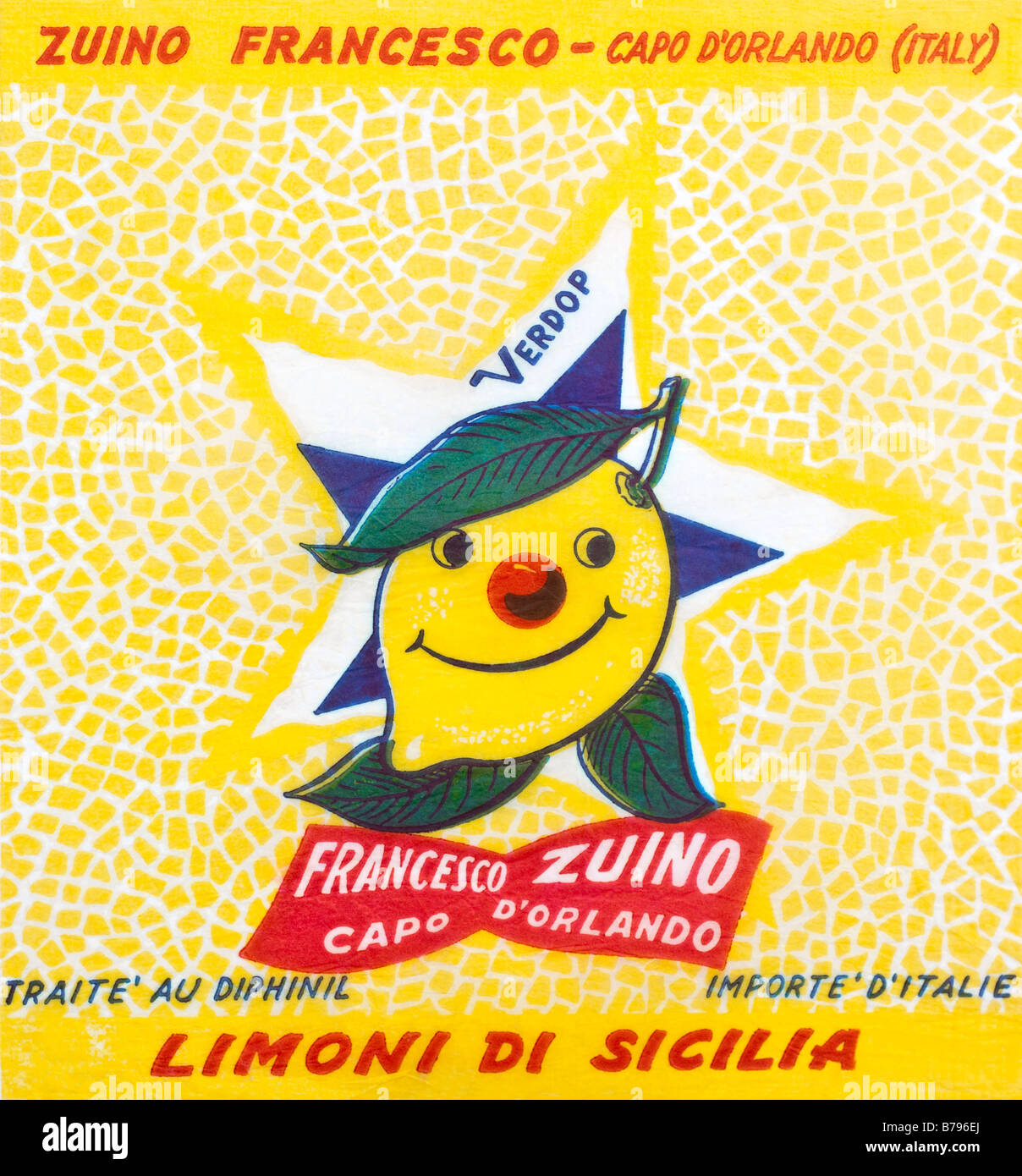 Gedruckte Ephemera / Zitrus Früchte Wrapper aus Italien - Zitrone lächelndes Gesicht Abbildung auf Seidenpapier. Stockfoto