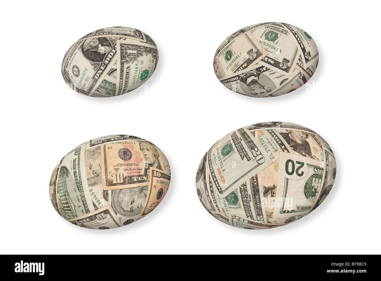Finanzielle Nest Eiern von einem Dollar für fünf Dollar auf zehn Dollar wachsen, dann zwanzig Dollar jedes Ei hat eine eigene Clipping-Pfad Stockfoto