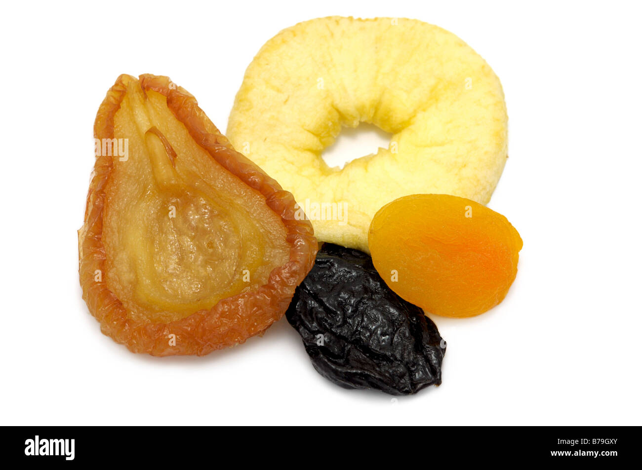 Gemischte Trockenfrüchte, Birne, Apfel-Ring, Pflaume, Aprikose Stockfoto