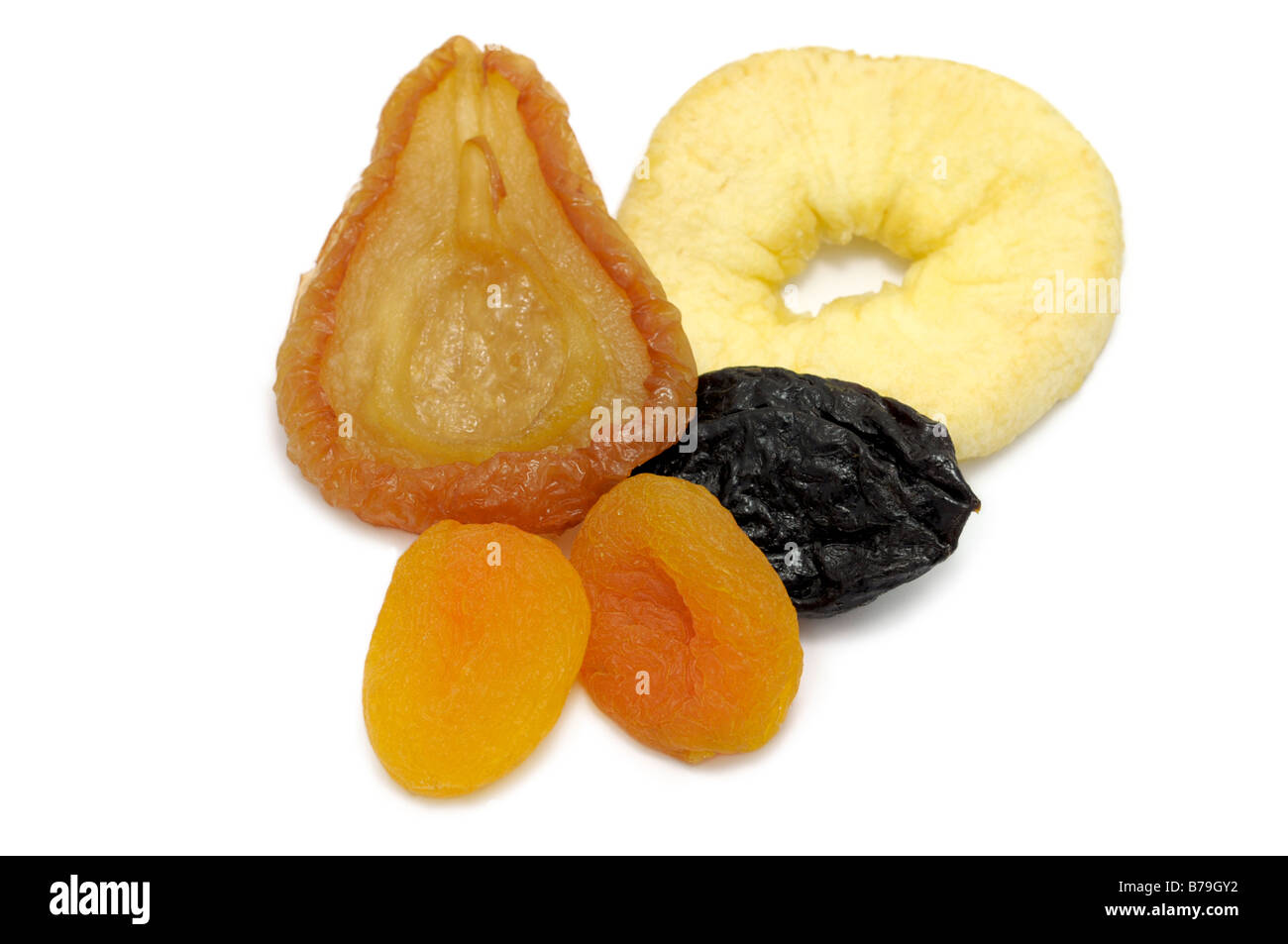 Gemischte Trockenfrüchte, Aprikosen, Pflaume, Birne, Apple-Ring Stockfoto