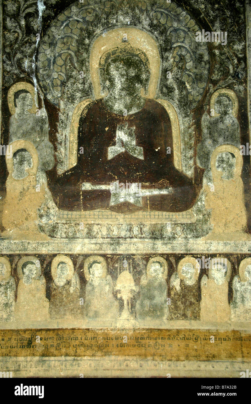 Alte original Wandbild Buddha meditierend in einem Tempel, Bagan, Birma, Burma, Myanmar, Südasien Stockfoto