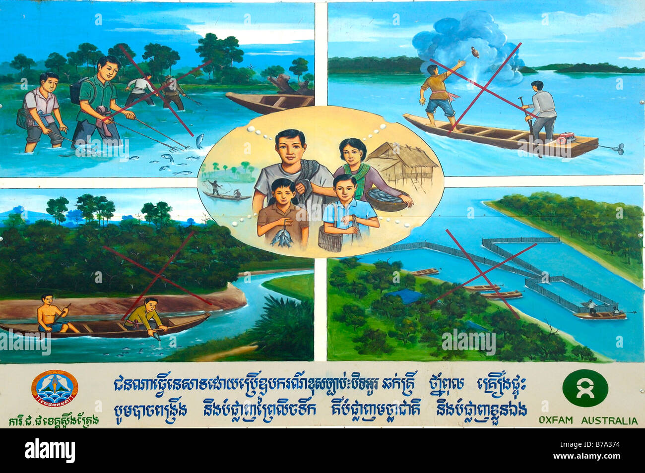 Entwicklungshilfe, Oxfam-Plakat für nachhaltige Fischerei und Wasser, Stung Treng, Kambodscha, Südasien Stockfoto