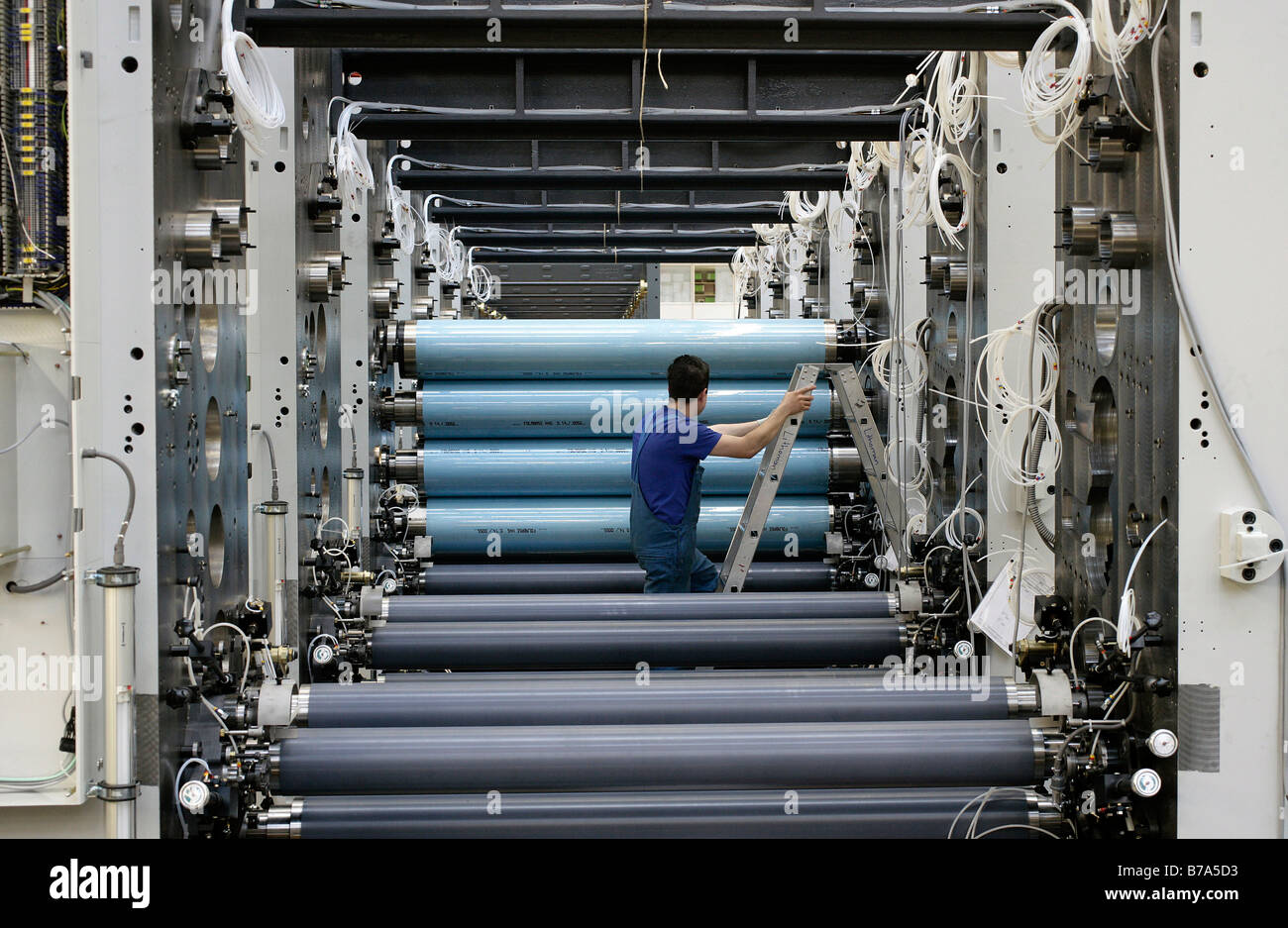 Arbeiter, die Inspektion der Plattenzylinder einer Rolle Offsetdruck Maschine, Herstellung, Produktion Mann Roland Druck Machi Stockfoto