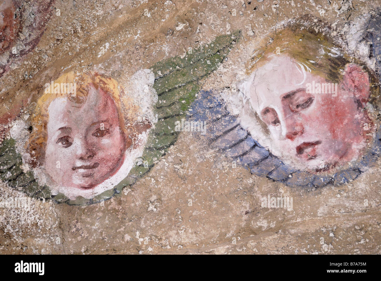 Gesichter von Putten, Fresko, auf rauen Putz, Maria Stein Wallfahrt Kirche, Unterinntal Tal, Tirol, Austria, Europe Stockfoto