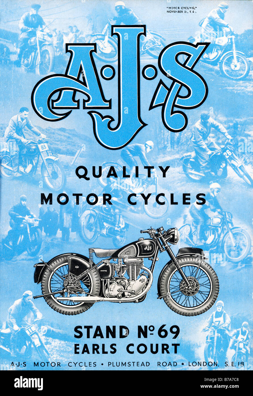 AJS Motor Cycles 1948 Anzeige für die neuen Modelle aus der britischen Motorradhersteller mit Sitz in South East London Stockfoto