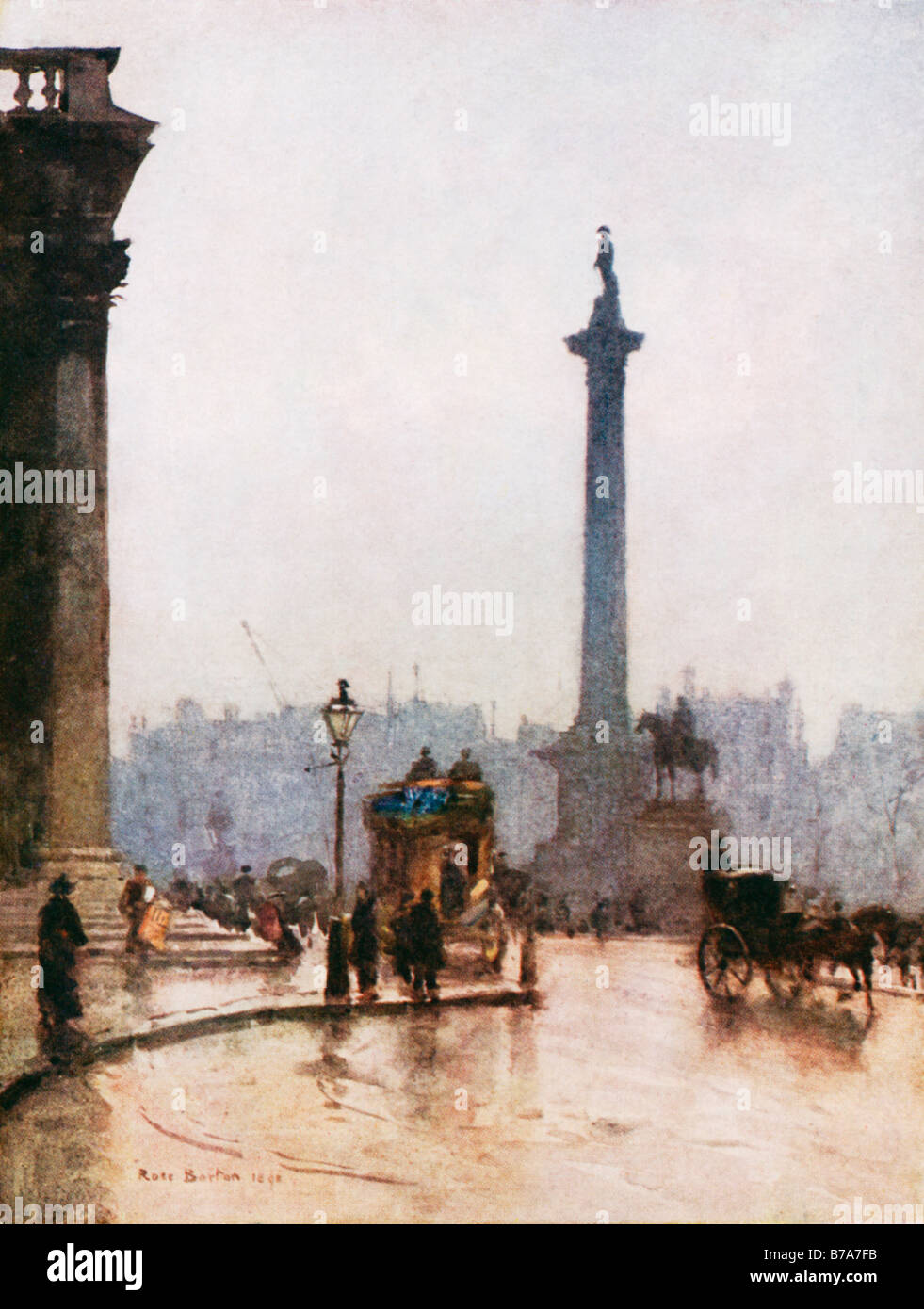 Nelsons Column Trafalgar Square 1898 Gemälde von Rose Barton an einem regnerischen Tag in Central London St Martin in den Feldern und Pferdekutschen- Kabinen Stockfoto