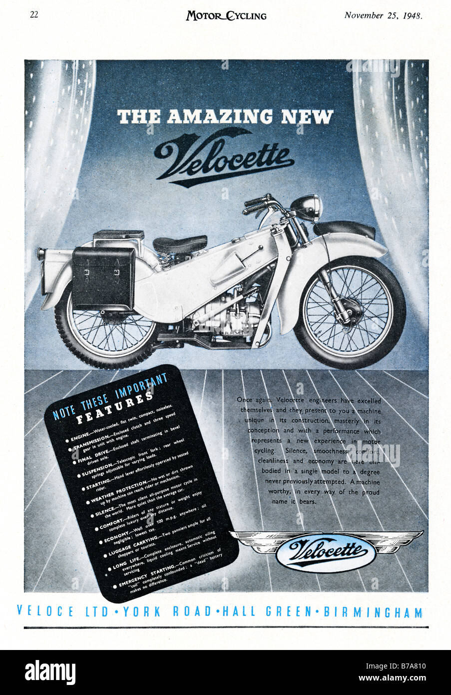 Velocette 1948 Anzeige für das innovative neue LE-Modell aus der britischen Motorradhersteller Stockfoto
