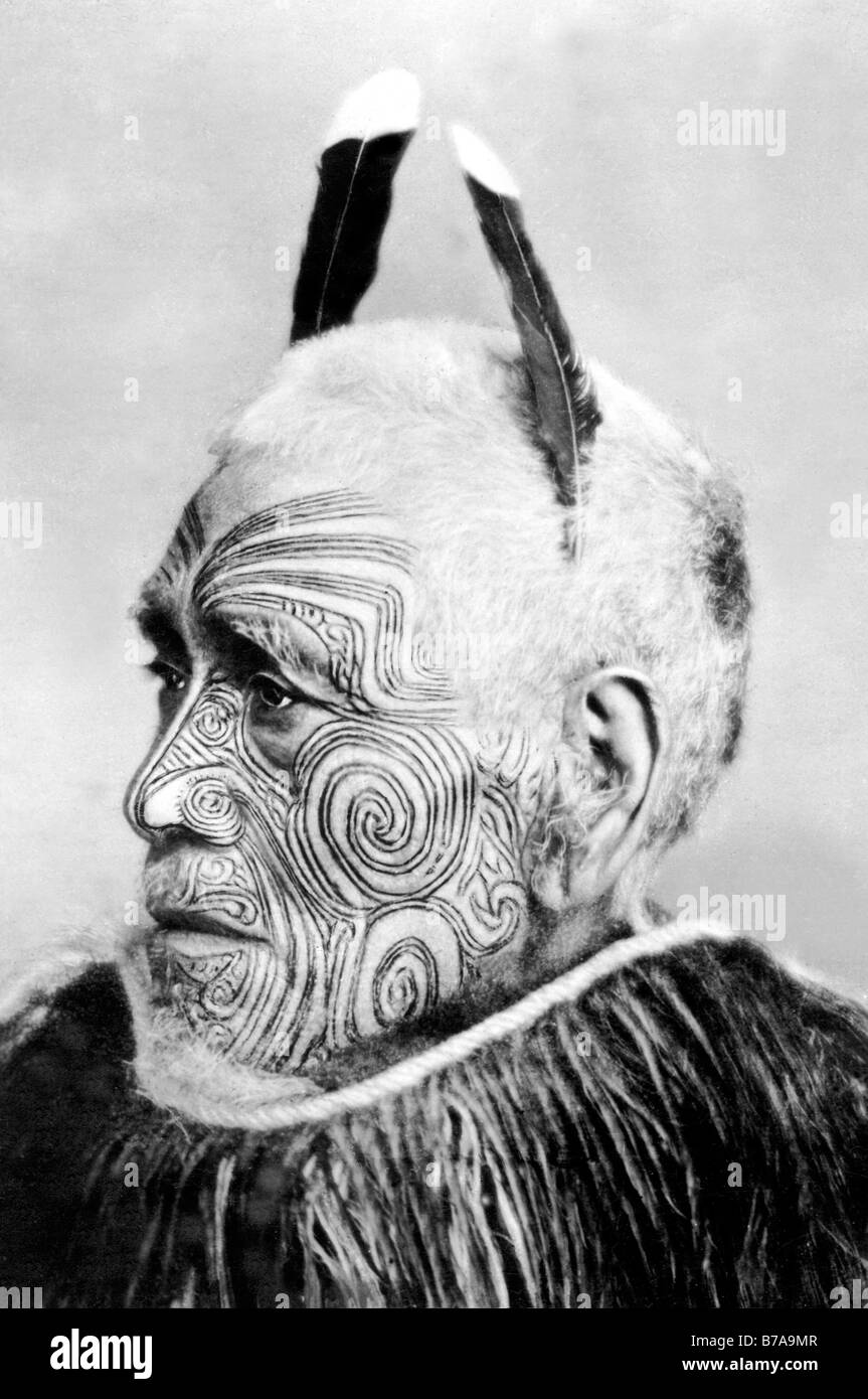 Historisches Foto, tätowierte Stammesführer, Maori, ca. 1900 Stockfoto