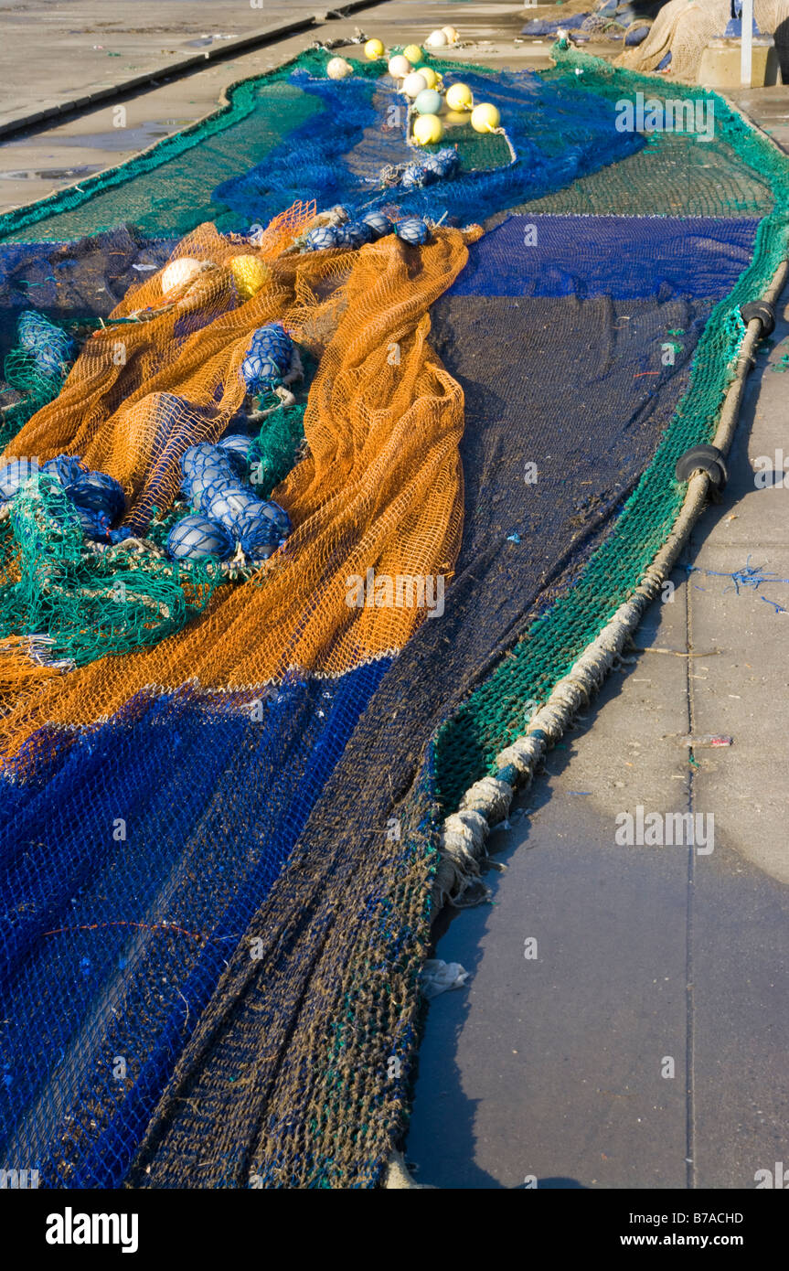 kommerzielle Fischerei Netze trocknen, auf der Kai-Boden Stockfoto
