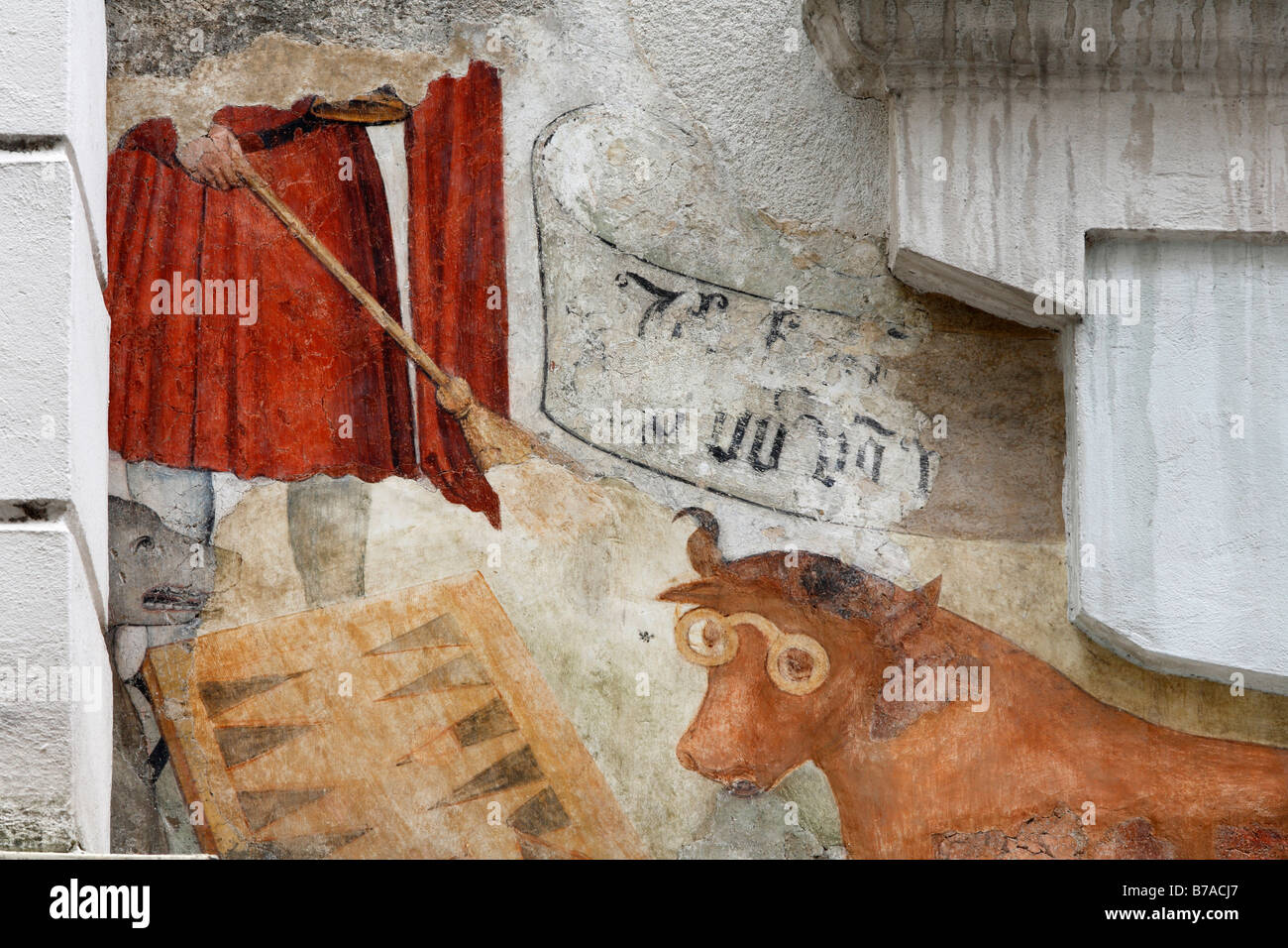 Reste der alten Fresken an einer Hausfassade in Baeckerstrasse, Centrum, Wien, Austria, Europe Stockfoto