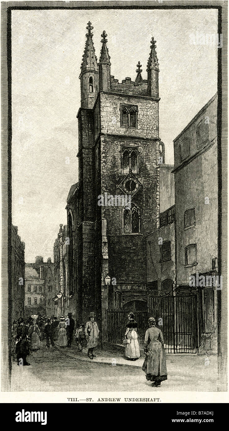 St. Andrew Undershaft anglikanischen Kirche St Mary Axe Aldgate Station Stadt London Lloyd Building. Es ist ein seltenes Beispiel einer Stadt Stockfoto