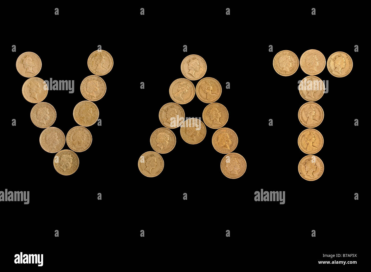 Ein Pfund britische Münzen bilden die Buchstaben MwSt (Mehrwert Steuer), Großbritannien, UK, Europa Stockfoto