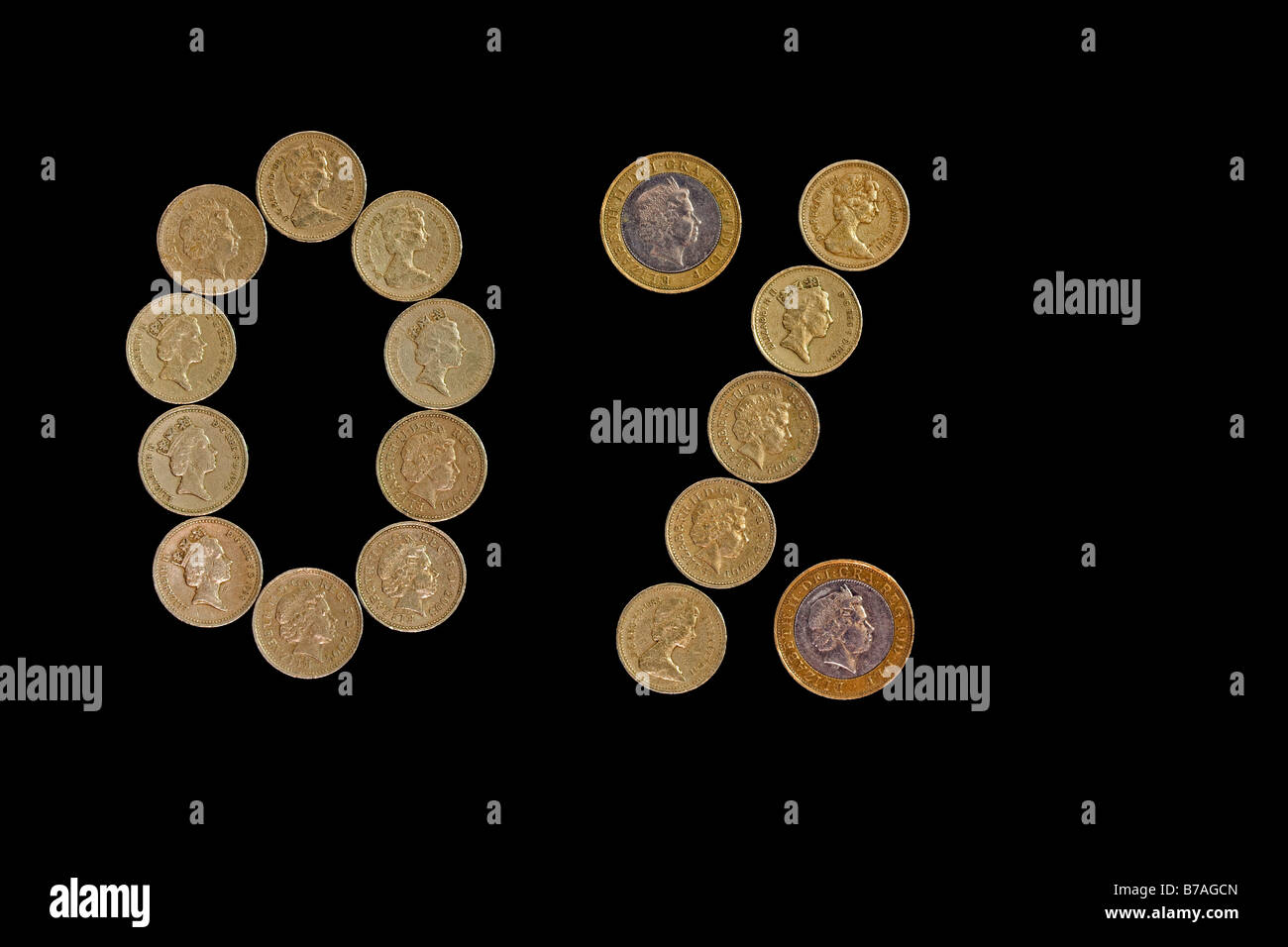 Ein bis zwei Pfund britische Münzen bilden Null Prozentzeichen, Großbritannien, Deutschland, Europa Stockfoto