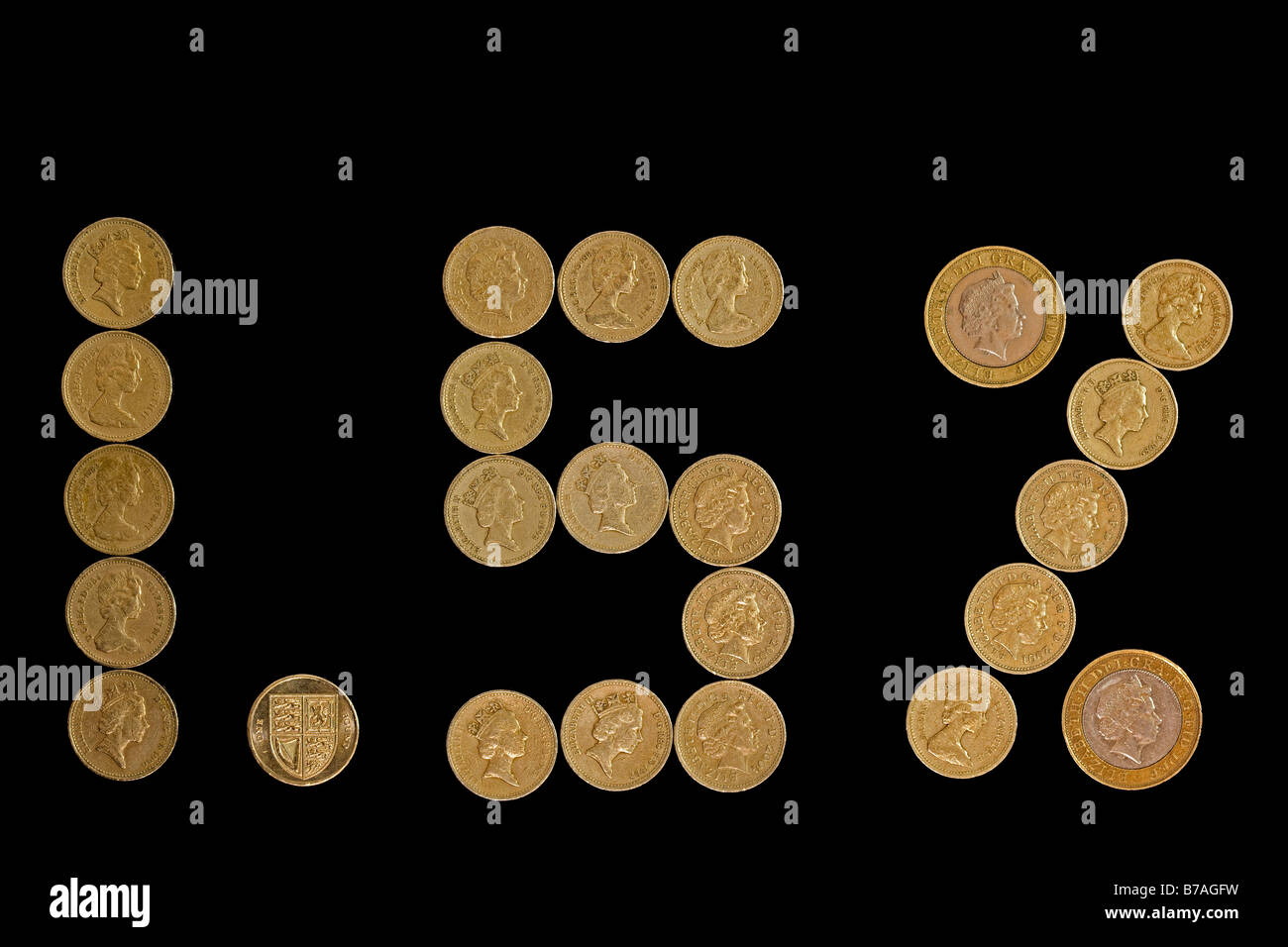 Ein bis zwei Pfund britische Münzen bilden 1,5 Prozent Symbol, Großbritannien, Deutschland, Europa Stockfoto
