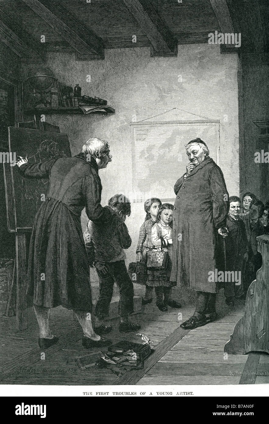 zuerst Probleme junger Künstler Lehrer Rohrstock Schule Bildung Malerei Kunst Maler malen Pinsel Leinwand Staffelei Stockfoto