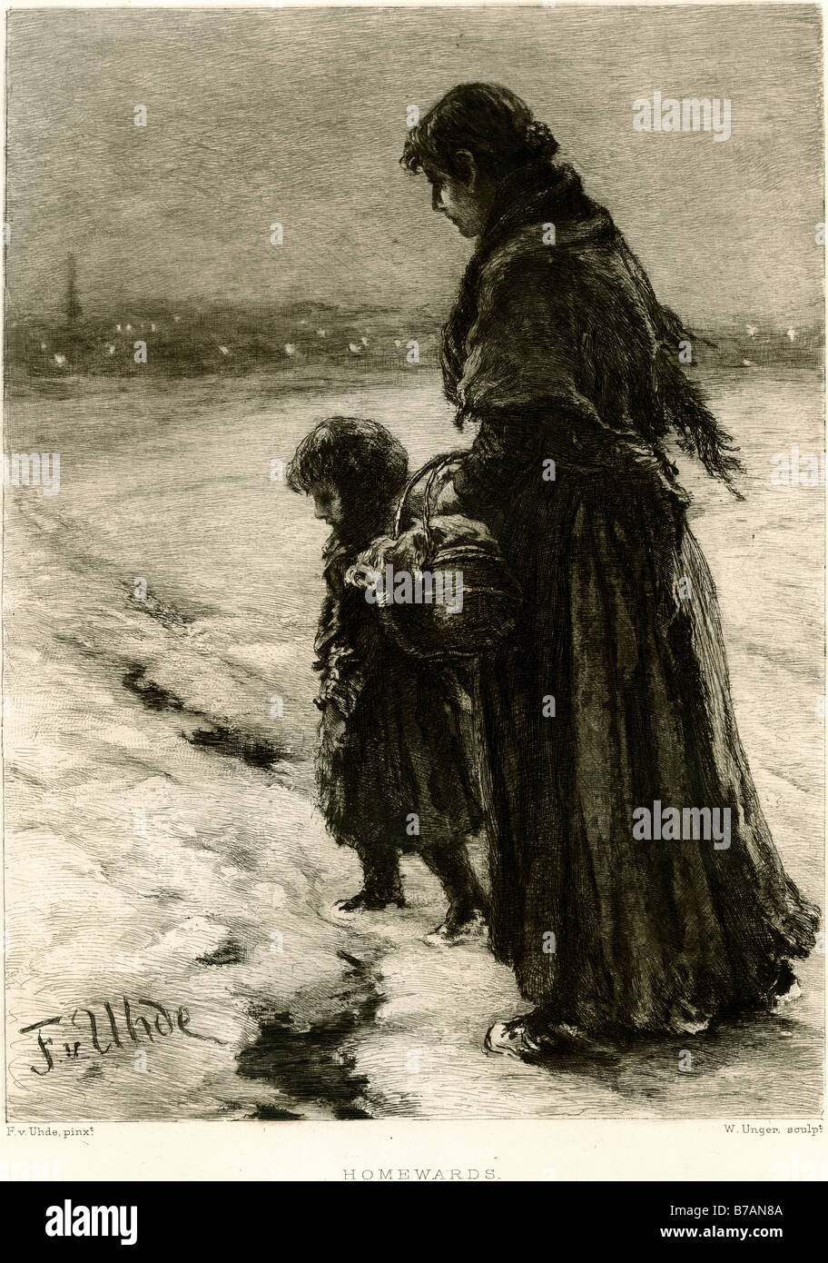 Fuß nach Hause reisen Schnee kalt Reise nach Hause Kind Mutter weg Winter Eis Pelz Mantel Frau außerhalb zu Fuß Stockfoto