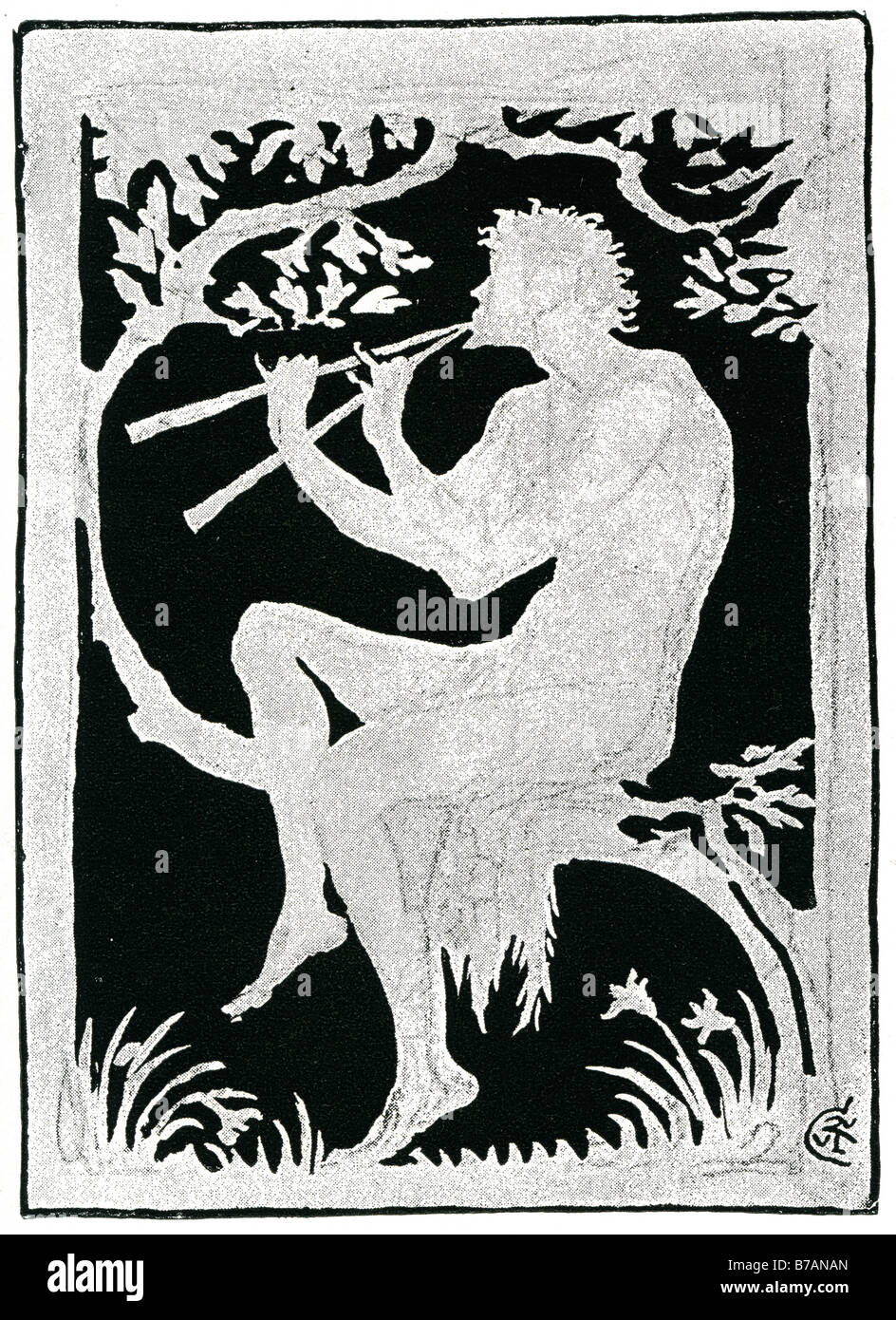 Man spielt Fute Baum Ast sitzen Horn musikalische Walter Crane (15. August 1845 – 14. März 1915) war ein britischer Maler und buchen ich Stockfoto