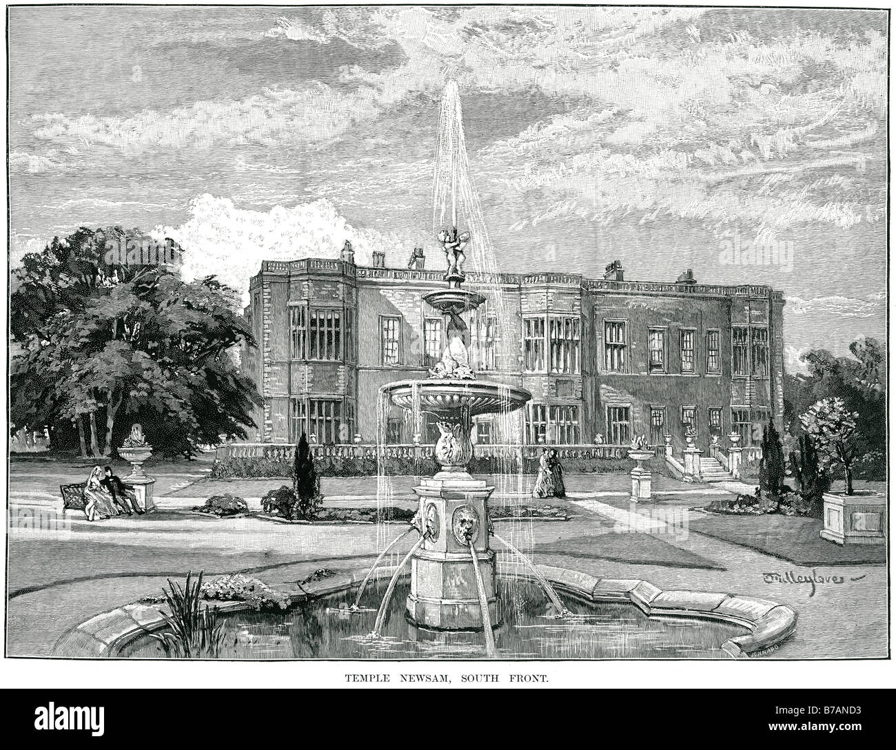 Temple Newsam TudorJacobean Haus Capability Brown Süd front Brunnen Park Gartenbank Halle Stockfoto