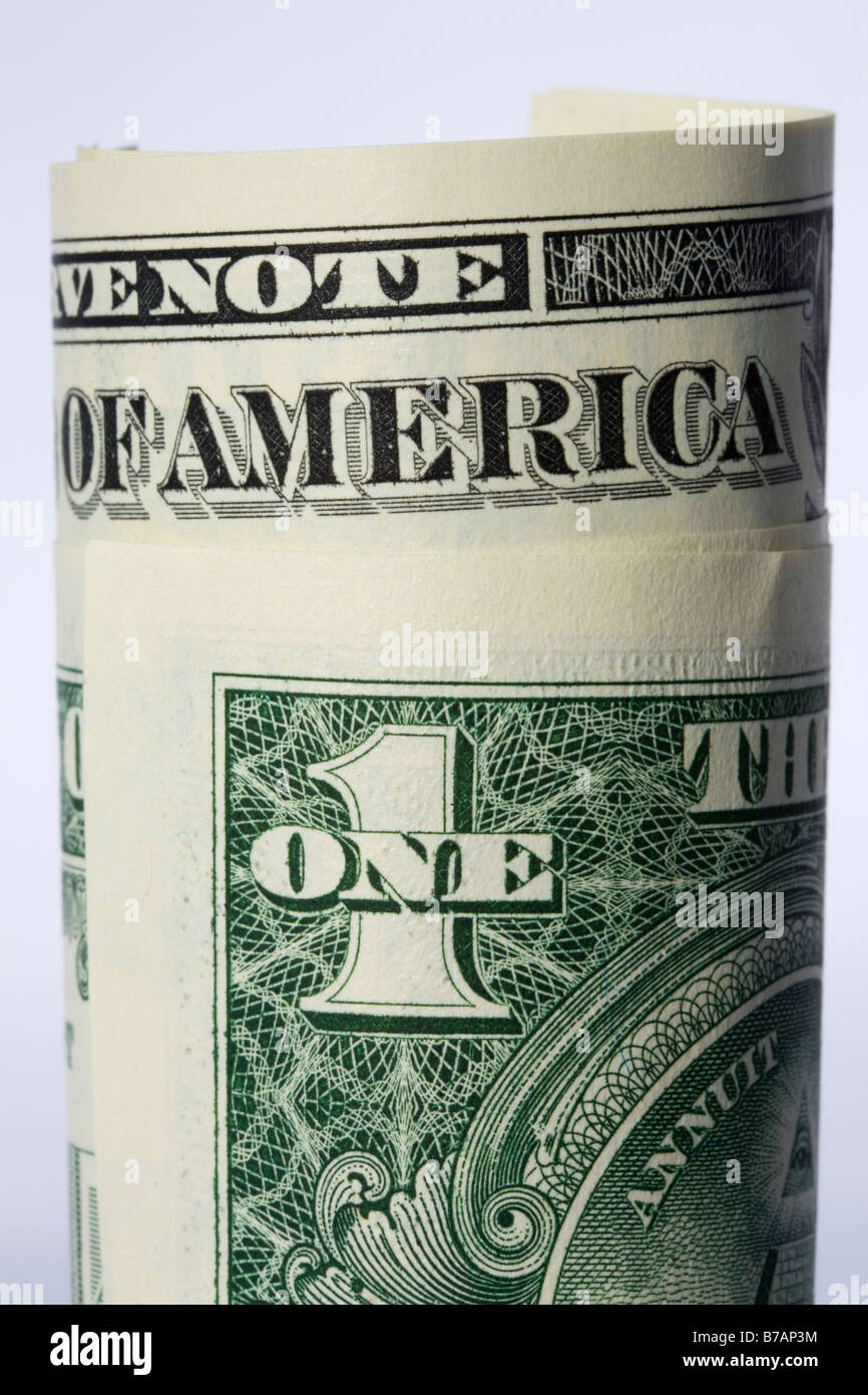 Nahaufnahme eines Geld Roll von gebrauchten amerikanischen US-Dollar Dollarscheine. Stockfoto
