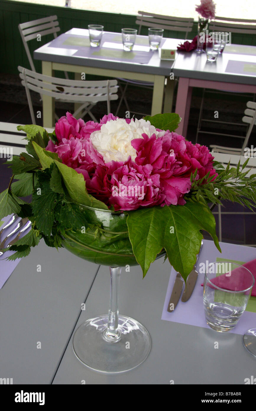 Ein Blumenstrauß von Pfingstrosen in einer Glasschale Stockfoto