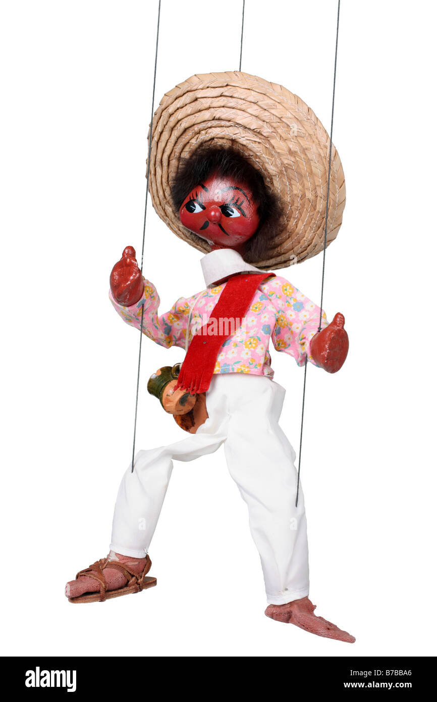 lustige mexikanische Marionette Marionette Puppe Ausschnitt an Fäden befestigt Stockfoto