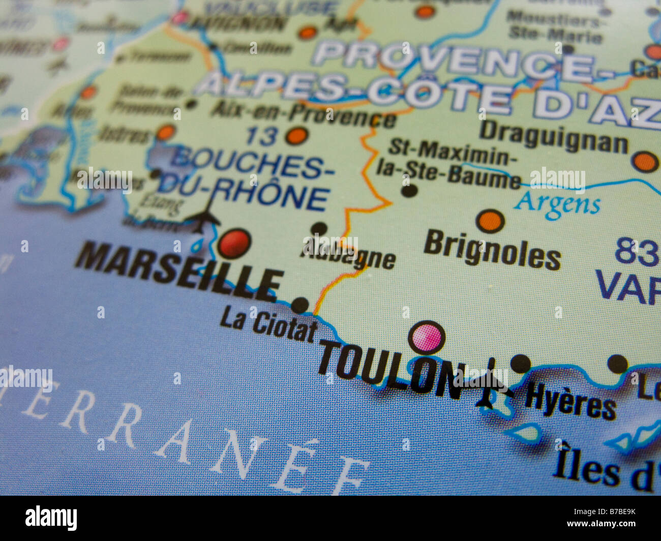 Karte von Frankreich zeigt, Marseille und Toulon und den umliegenden Gebieten Stockfoto