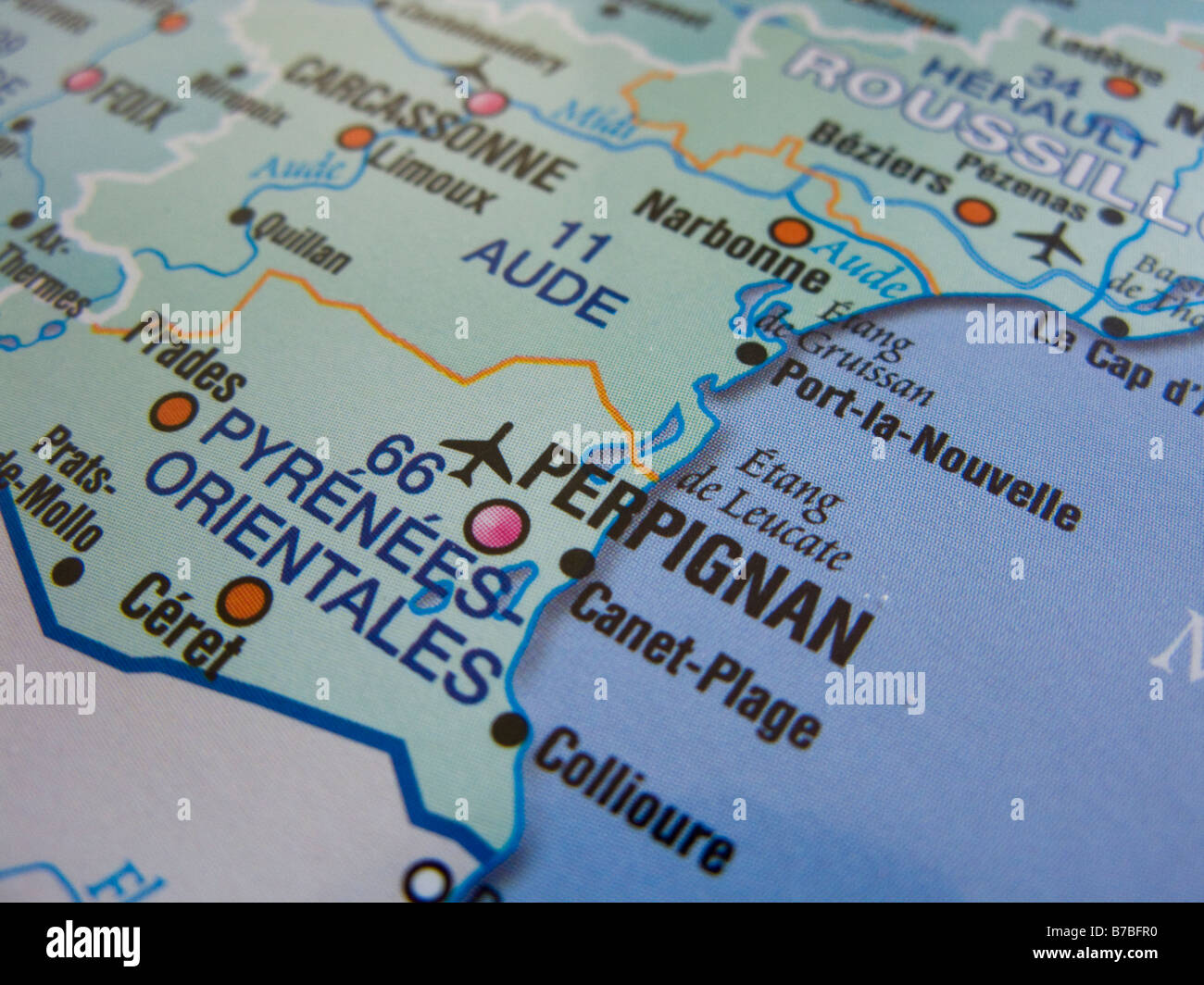 Karte von Frankreich zeigt Perpignan und Umgebung Stockfoto