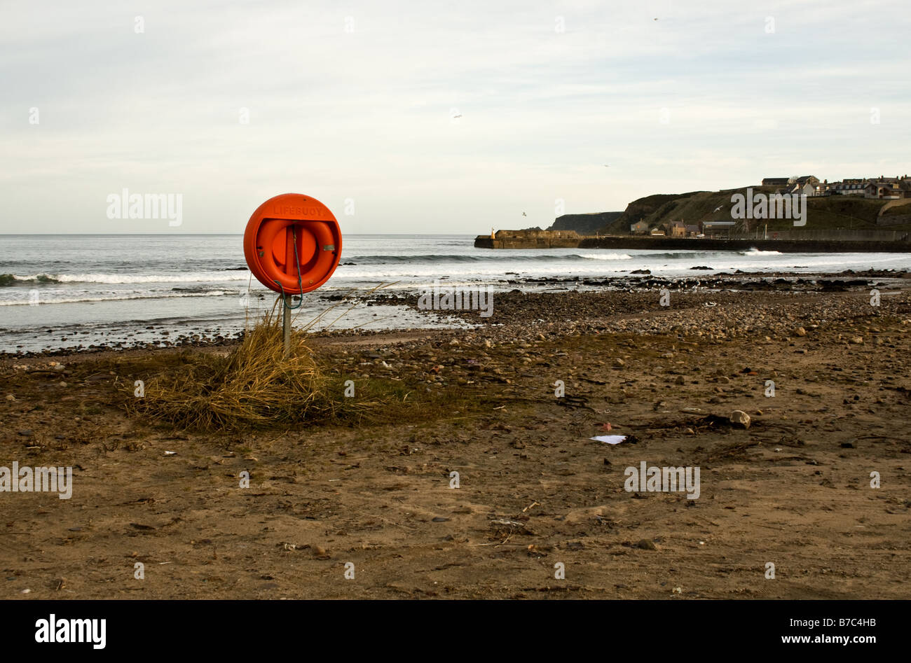 Rettungsring an einem steinigen Strand mit Blick auf den Moray Firth in Schottland Stockfoto