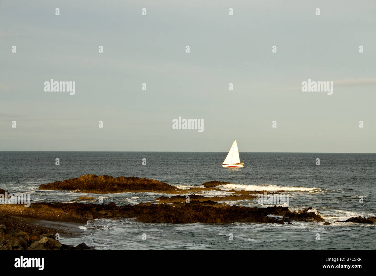 Kleines Segelboot auf dem Meer in der Nähe von einem felsigen Ufer auf den Moray Firth in Schottland Stockfoto