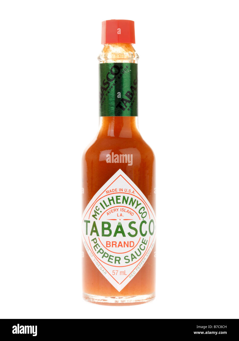 Marke Flasche pikanten Mc Ilhenny Tabasco Pepper Sauce Sauce Isoliert gegen einen weißen Hintergrund mit keine Menschen und einen Freistellungspfad Stockfoto
