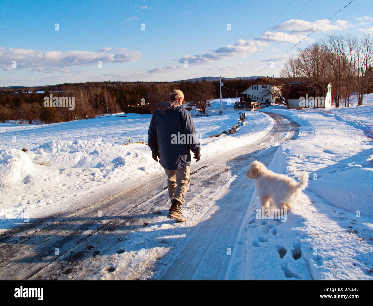 Winter-Szene mit Auffahrt und Mensch und Hund zu Fuß in Debec New Brunswick, Kanada Stockfoto