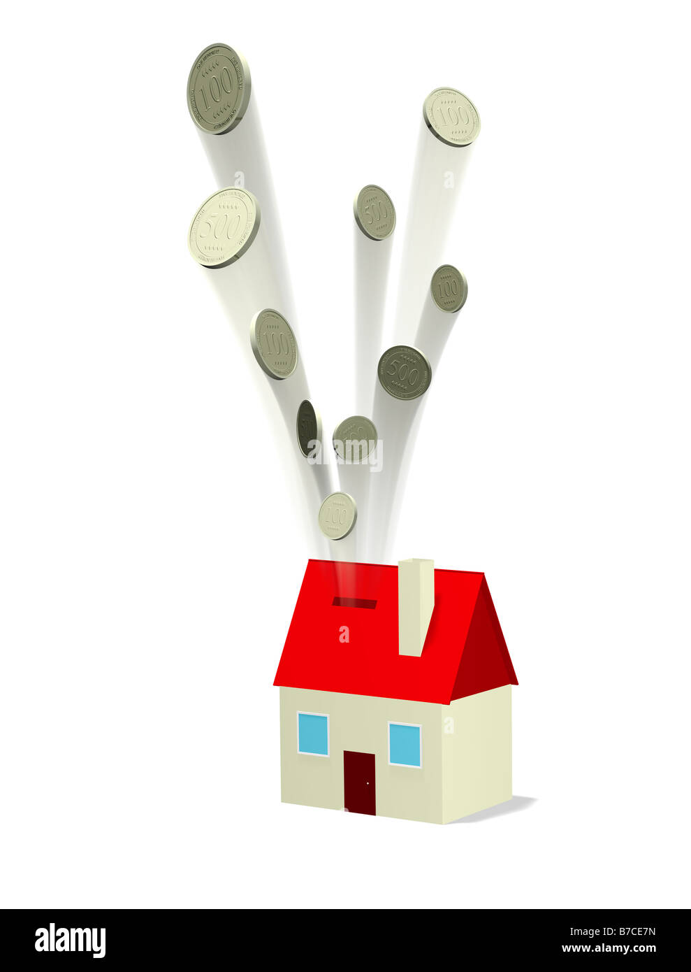 Modell eines kleinen Hauses als eine Spardose mit generischen Münzen platzen, 3d Cgi Rendern Stockfoto