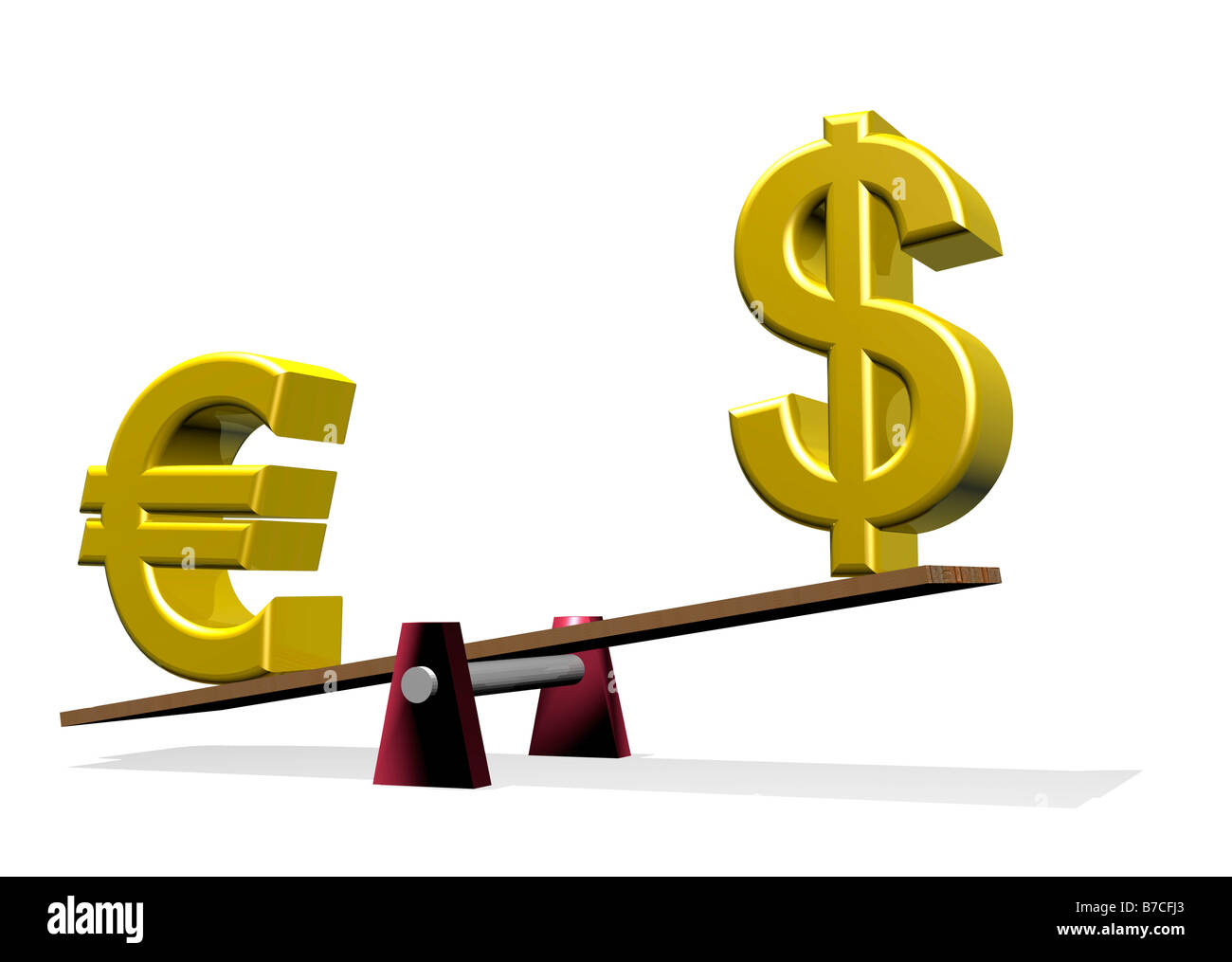 Euro und Dollar Symbole siehe Säge zeigt Dollarschwäche 3d CGI Rendern Stockfoto