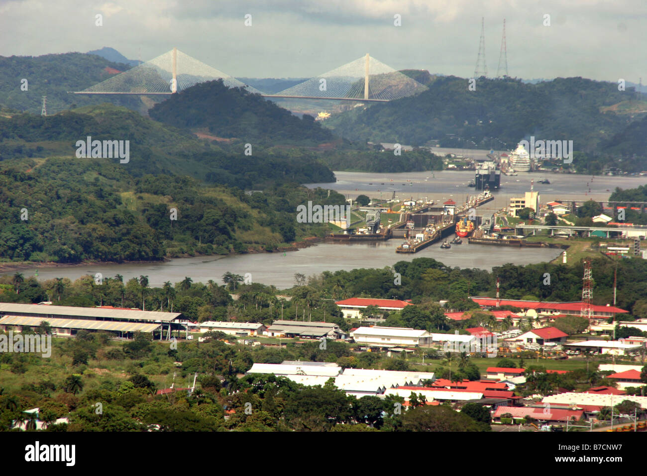 Brücke Puente del Centenario und Miraflores Schleuse auf den Panamakanal, Panama Stockfoto