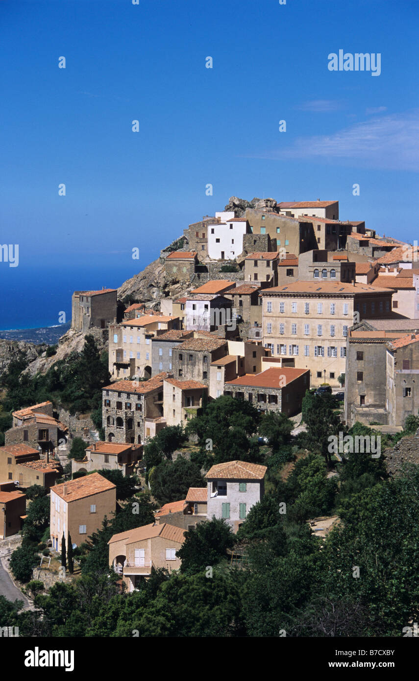 Blick über Dorf Speloncato in der Region der Balagne, Korsika, Frankreich Stockfoto