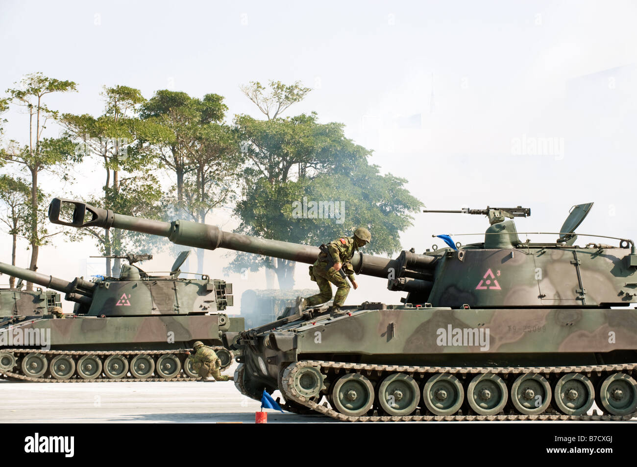 M109A2 SP 155mm Haubitzen bei militärischen Übungen beim 58. Artillerie-Befehl, Taichung, Taiwan Stockfoto