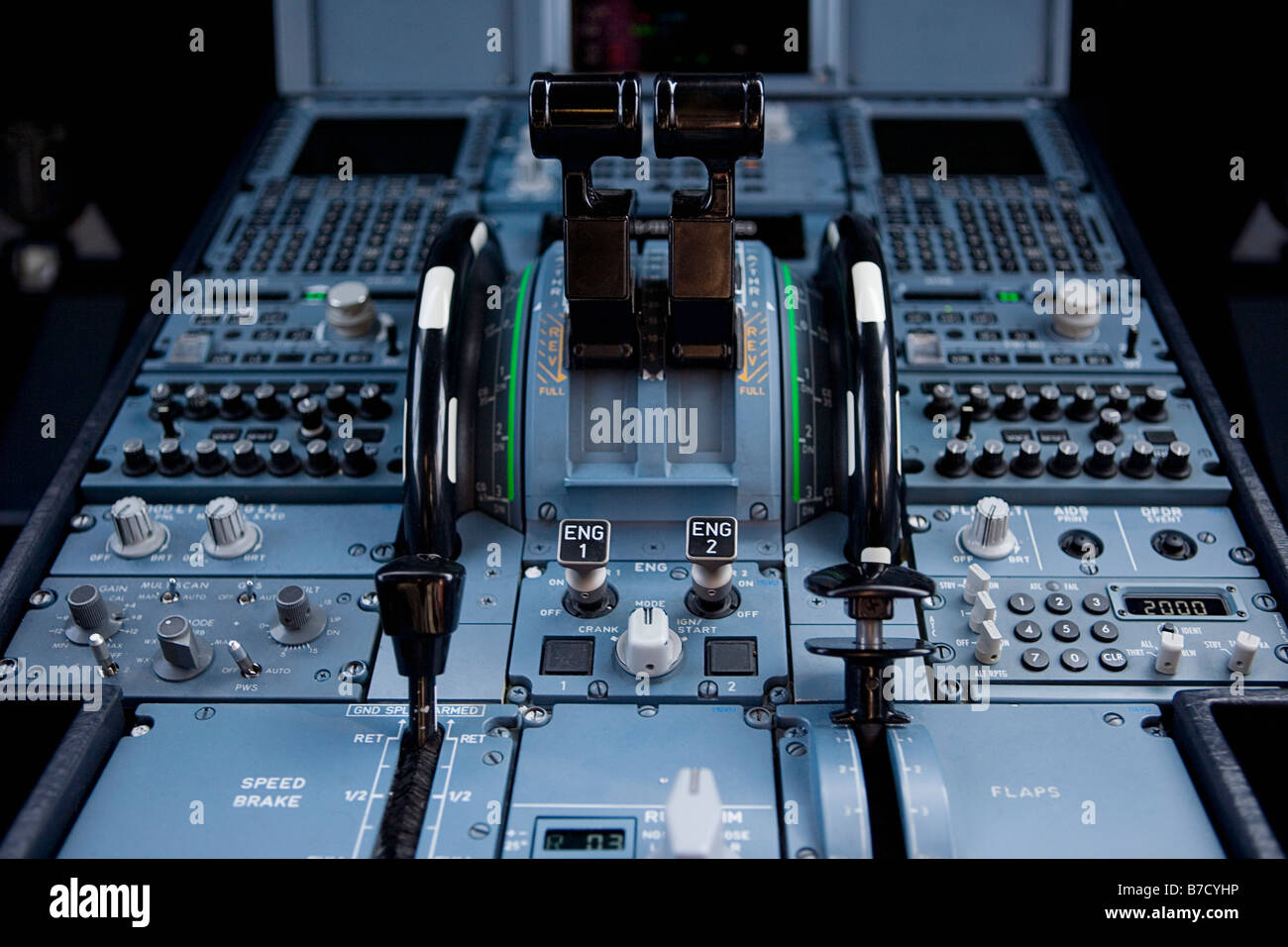 Das Control Panel von einem Passagierflugzeug Stockfoto