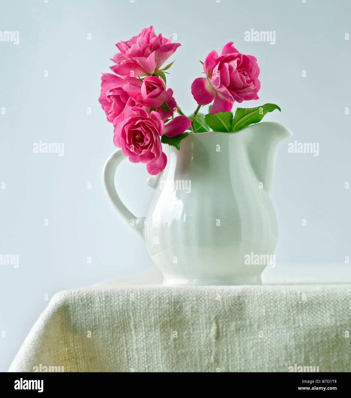 kleinen Rosenstrauß in einen Krug Keramik Milch Stockfoto