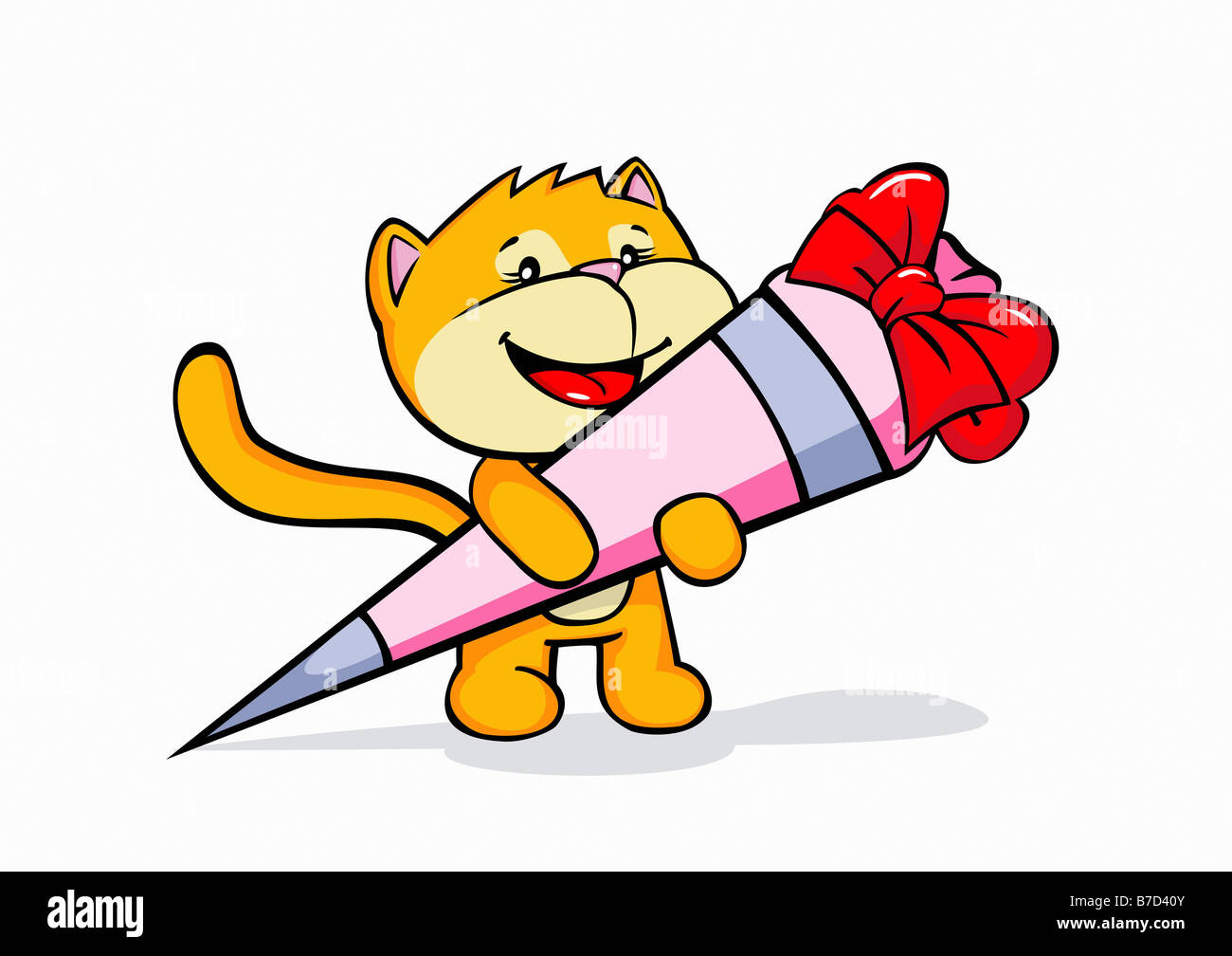 Ein Cartoon-Katze halten Süßigkeiten auf den ersten Tag auf die Schule Stockfoto