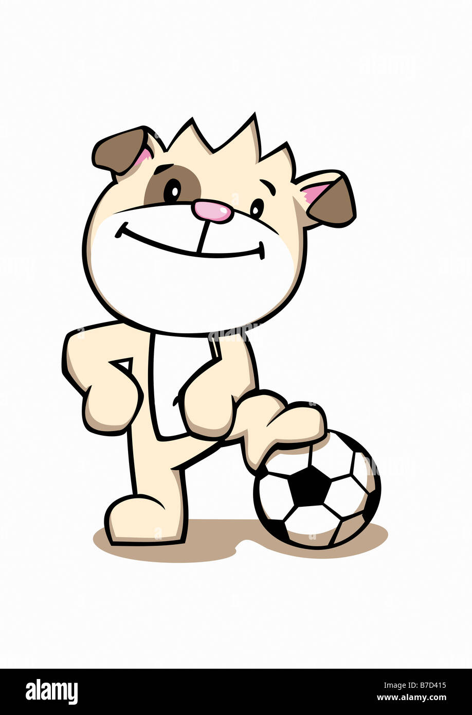 Ein Cartoon Hund steht mit einem Fuß ruht auf einem Fußball Stockfoto
