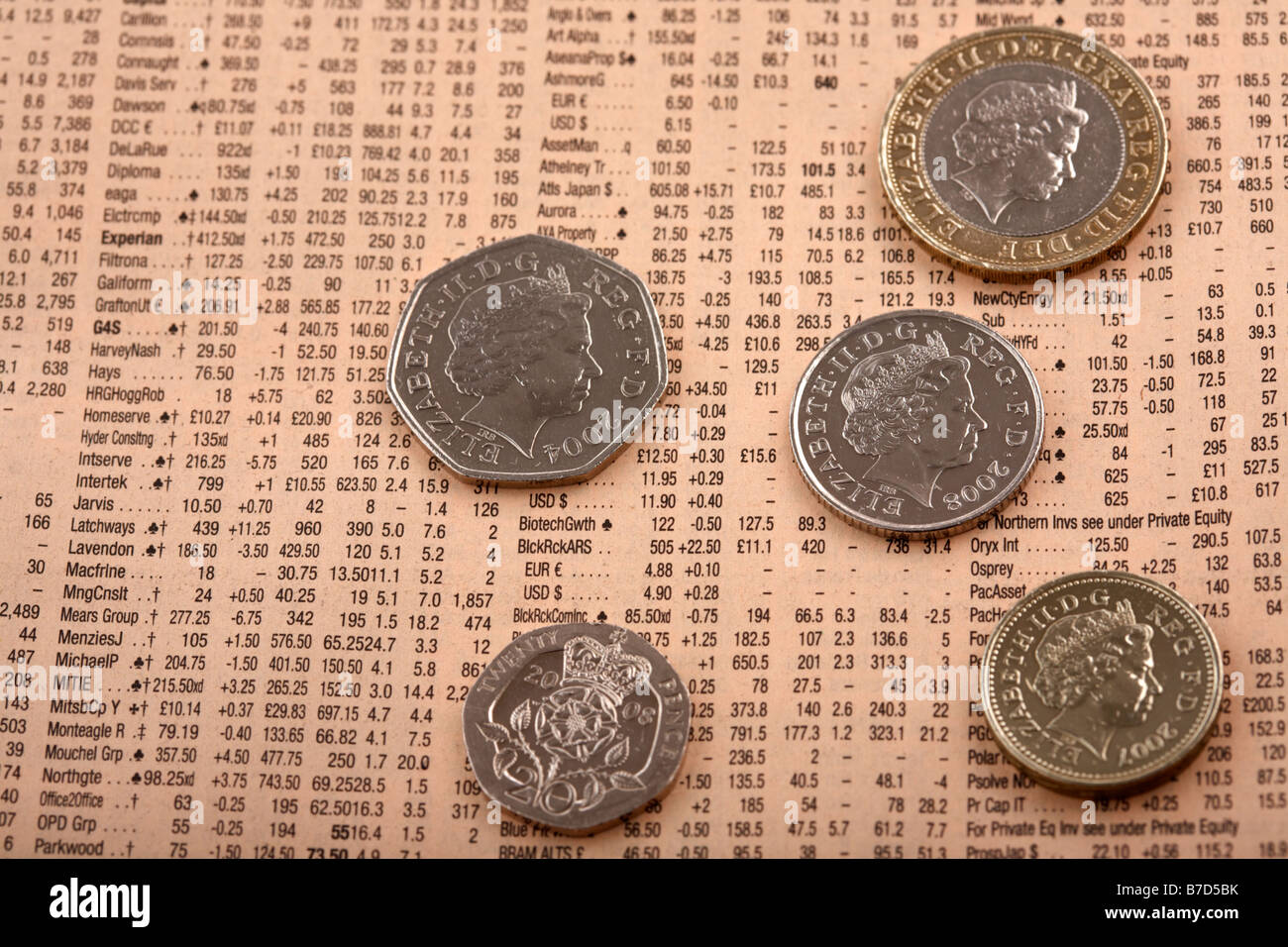 Auswahl von Großbritannien britische Pfund Sterling Münzen sitzen auf Informationen in einer Abschrift der financial times Stockfoto