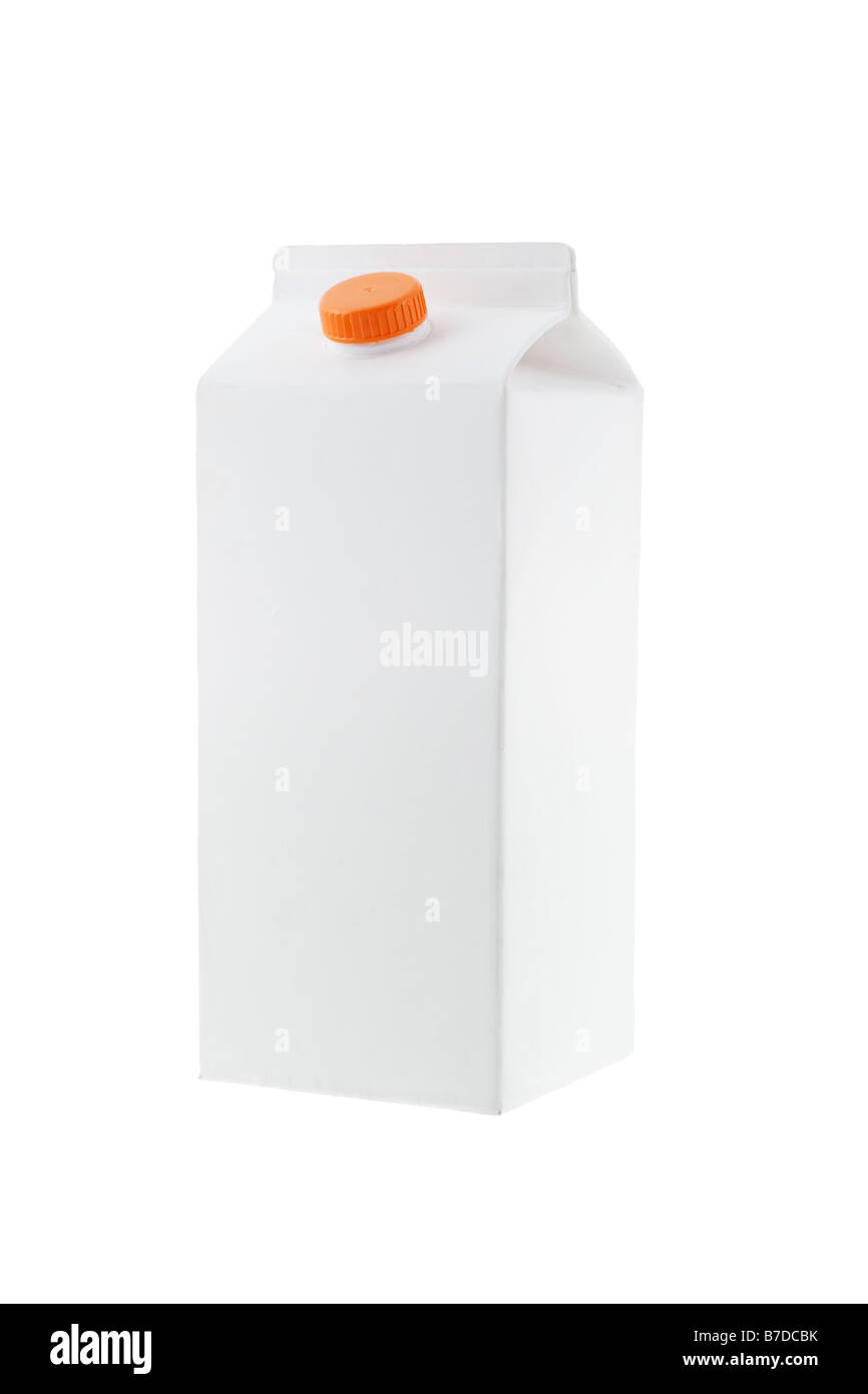 Leeres Papierkarton mit Deckel für Milch und Fruchtsaft auf weißem Hintergrund Stockfoto