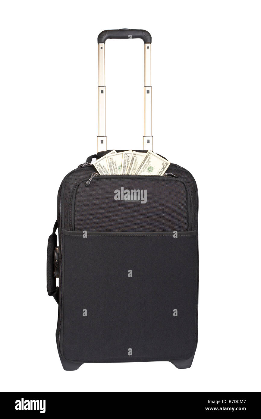 Ein Trolley Koffer mit Geld isoliert auf weißem Hintergrund enthalten Weg Stockfoto