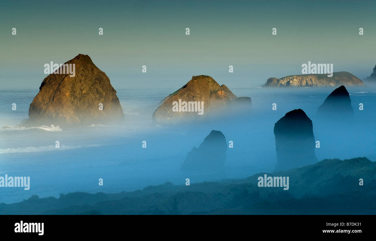 Felsen am Strand von Meyers Creek im Pistol River State Park eingehüllt in Nebel bei Sonnenaufgang Oregon USA Stockfoto