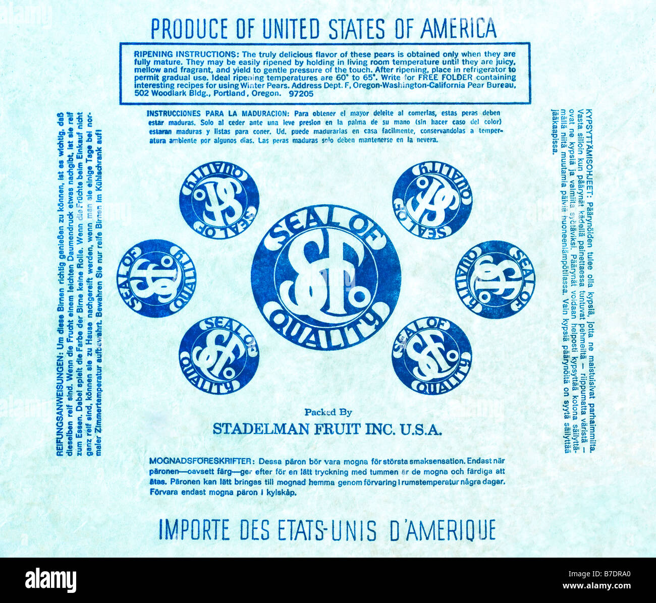 Gedruckte Ephemera / Birne Obst Deckblatt aus USA - Blue Seal Kreis Logos auf Seidenpapier. Stockfoto