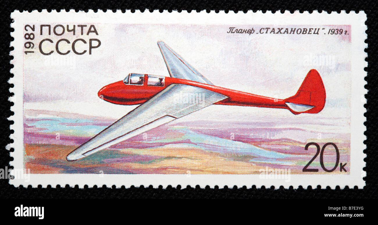 Geschichte der Luftfahrt, russische Segelflugzeug "Stakhanovets" (1939), Briefmarke, UdSSR, Russland, 1982 Stockfoto