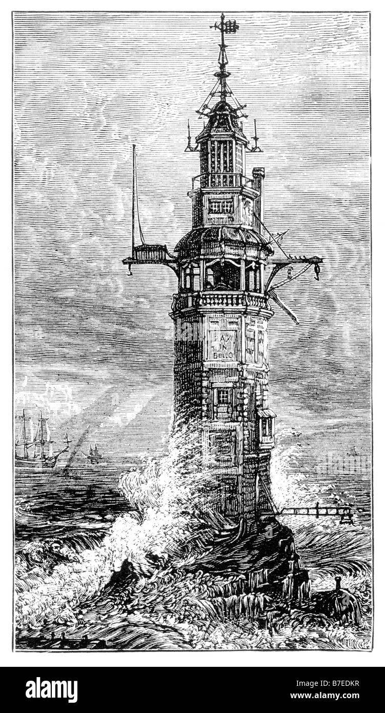 Der erste Leuchtturm auf Eddystone Felsen erbaut von Henry Winstanley 1696 errichtet zerstört in 1703 durch einen Sturm. Stockfoto